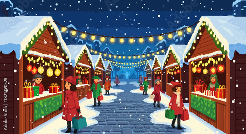 Festive Christmas Market Scene with People and Stalls