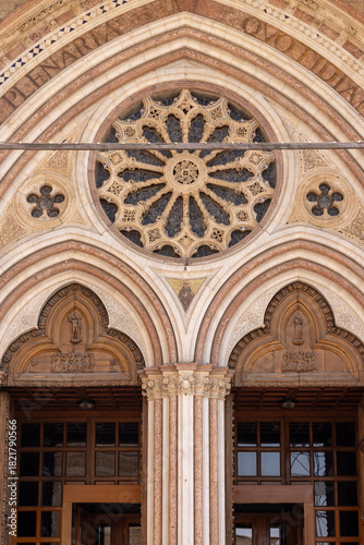 Details of portal of entrance gate to Lower Basilica of Saint Francis of Assisi, Assisi, Italy