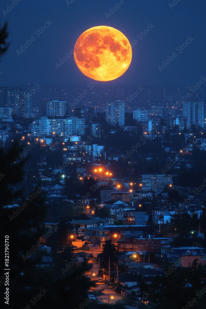 Fototapeta premium Full Moon And Misty Cityscape
