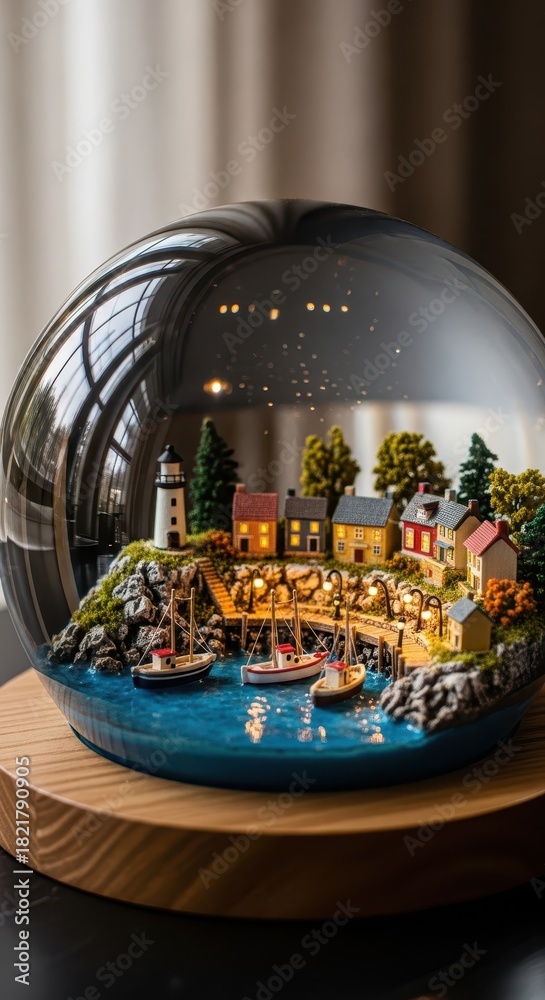 Fototapeta premium Miniature coastal village scene illuminated inside a clear glass sphere resting on a wooden base
