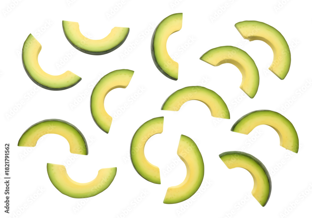 Obraz premium Scattered slices of fresh green avocado fruit arranged randomly on a clean transparent background, isolated on transparent background