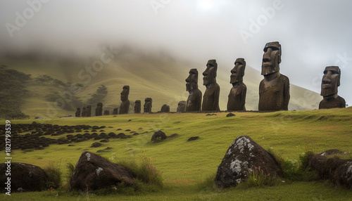 Misty morning reveals ancient moai statues standing stoically on the grassy hills of easter island