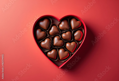 Heart shaped box with delicious chocolate candies on red background, top view