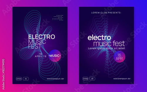 Dance Poster. Soundwave Beat Illustration. Electro Vector. Edm Festival Graphic. Party Flyer. Pink Techno Background. Blue Night Club Set. Violet Dance Poster