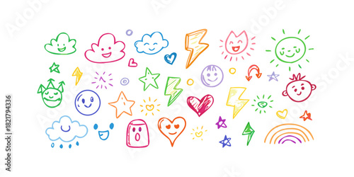 Playful doodle icons of smiling faces clouds and lightning bolts