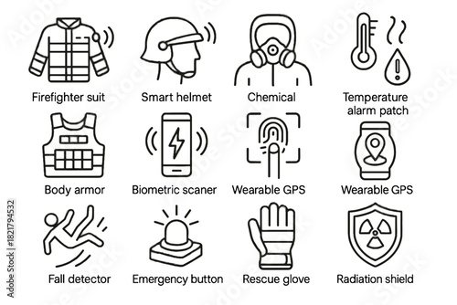 Vector shield protective armor sensor helmet suit textiles icon rescue temperature sensors