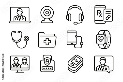 Prescription telemedicine connected doctor icon wearable vector pulse set consultation oximeter secure