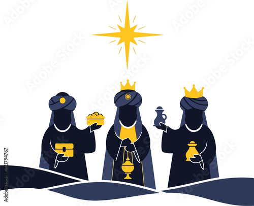 Three Wise Men: A symbolic representation of the Three Wise Men, adorned with crowns and bearing gifts, illuminated by the guiding star, embodies the spirit of faith, tradition.
