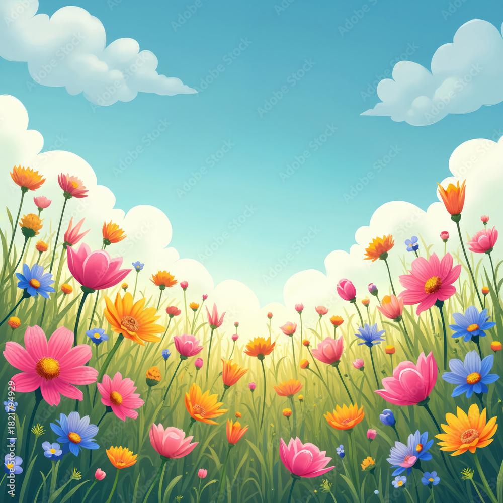 Fototapeta premium Illustration of a vibrant flower field under bright blue sky. Colorful flowers bloom in a meadow with fluffy white clouds. The artwork captures a joyful spring summer scene.