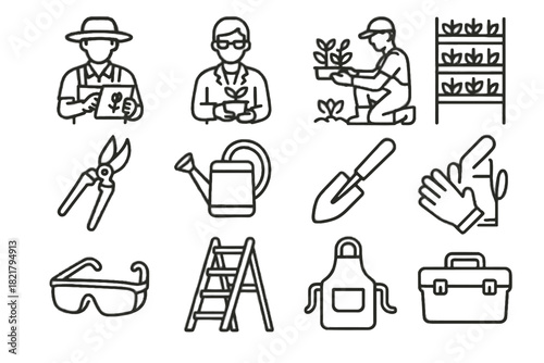 Ladder harvesting vector pruning icons farming vertical farmer safety icon worker tablet