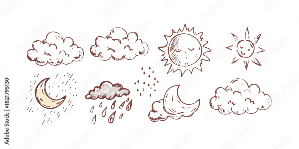 Fototapeta premium Retro hand drawn weather icons on white background