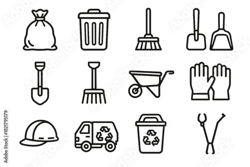 Trash waste container rake icon can broom vector helmet recycling management icons