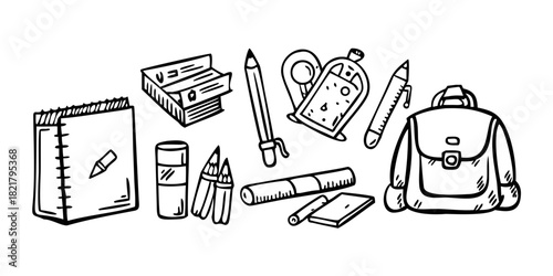 School Supplies Backpack and Notebook Doodle pencil