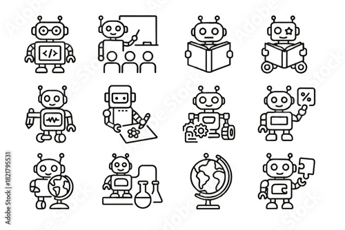 Vector robotic icon globe education learning language puzzle solver robot icons storytelling