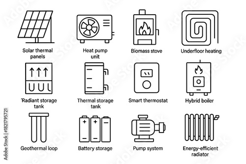 Storage vector radiator renewable unit icon boiler pump tank icons heating heat