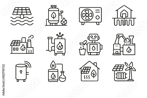 Smart vector heat home grid biomass radiator renewable icon heating autonomous icons
