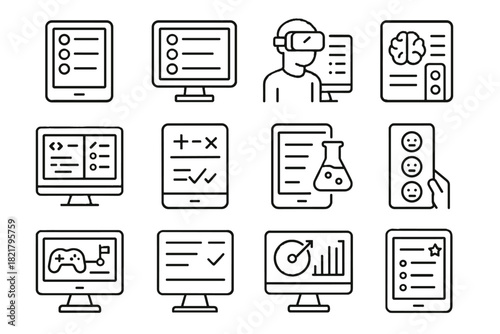 Screen puzzle digital challenge survey vector icon app interactive vr learning knowledge