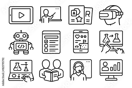 Interactive experiment station coding gamified headset ar vector icon learning vr robot