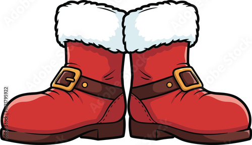 Cartoon santa boots vector illustration christmas holiday red boots with white fur trim and gold buckle