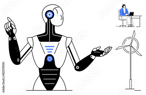 Artificial intelligence concept. Artificial intelligence combining robotics, wind energy, and remote work innovation. Artificial intelligence driving automation and sustainable technology