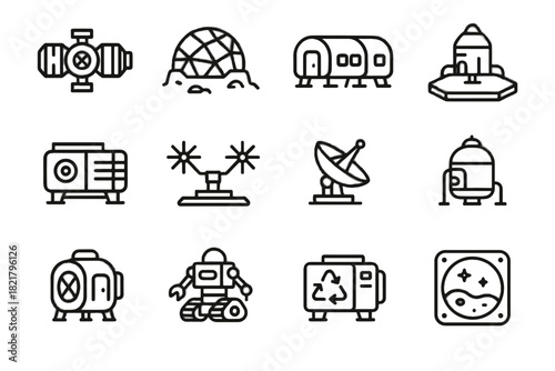 Icon recycling window mining station antenna space quarters energy vector platform communication