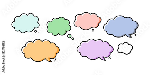 Six pastel colored speech bubbles with drop shadows