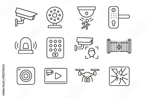 Vector night icons surveillance bell recognition glass drone cctv icon lock motion