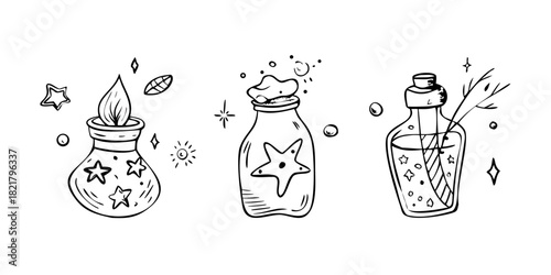Sketchy Magical Doodles Stars Potions Sparkles vector