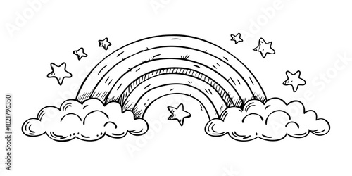Sketchy Rainbow Arcs with Clouds and Stars vector