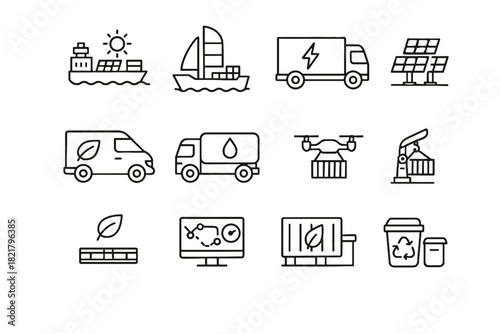 Icons tanker optimization electric vector pallet shipping solar automated renewable sail panels
