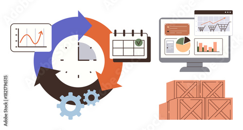 Clock with circular arrows, gears, calendar, charts, computer, and stacked boxes representing logistics, productivity, planning inventory and ecommerce. Ideal for workflow data efficiency supply