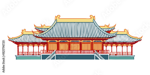 Stylized ancient Chinese temple building with yellow roof