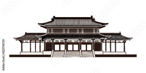 Stylized ancient Chinese temple building with tiered roofs