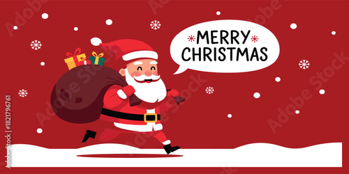 Cheerful Father Christmas quickly delivers a sack brimming with festive gifts through a snowy winter scene, spreading holiday joy and season's greetings