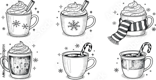 Hand-drawn cozy winter hot drinks in mugs, with whipped cream, cinnamon sticks, and candy canes. Festive illustrations for warm holiday season comfort and seasonal design