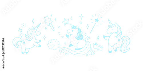 Three blue unicorns surrounded by stars and magic fantasy