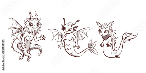 Three fantasy creatures with wings and tails dragon