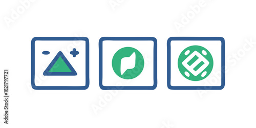Three simple icons with blue borders on white graphic