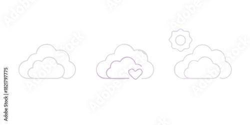 Three thin line cloud icons with heart and sun weather