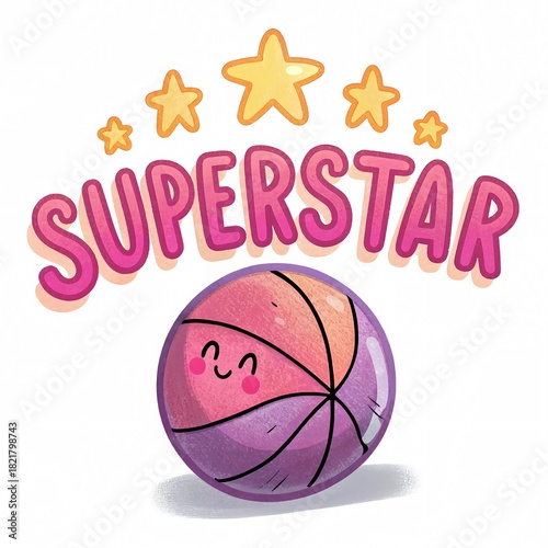 Pink and Purple Cartoon Basketball with “Superstar” Bubbly Text Sticker