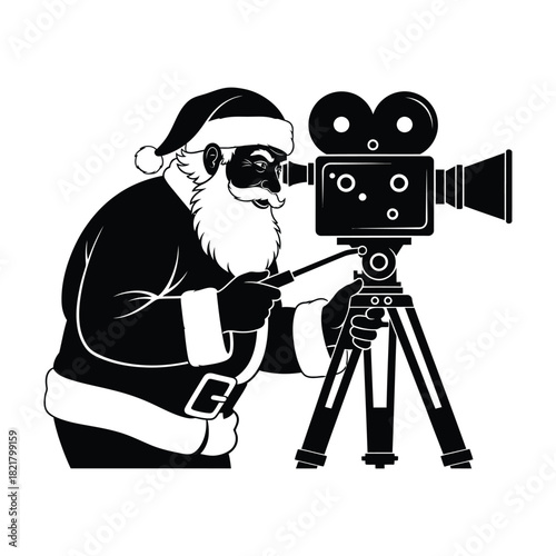 Santa filming with an old-fashioned movie camera on a tripod in a bold black and white vector silhouette illustration