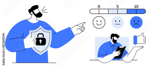 Man holding shield with lock icon while discussing feedback metrics, happy face scale, thumbs-up gesture, and security concepts. Ideal for customer care, satisfaction, security, communication
