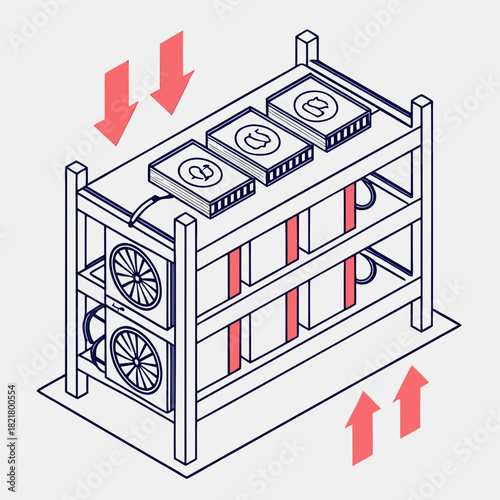 Isometric illustration of a cryptocurrency mining rig with cooling arrows