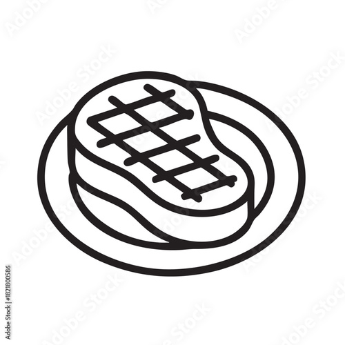 A simple black and white line drawing depicts a piece of grilled steak on a plate food icon