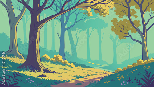 Stylized Forest Landscape Illustration with Path, Fog, and Muted Green Tones