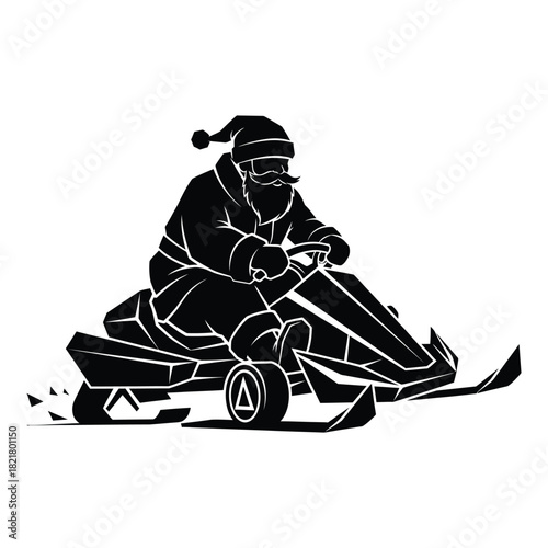 Santa riding a compact geometric snow kart with triangular skis in a bold black and white vector silhouette illustration