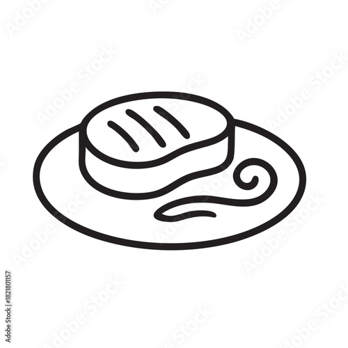 A simple black and white line drawing depicts a piece of cheese on a plate with a swirl