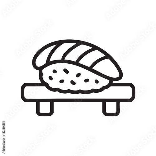 A simple black and white line drawing showcases a piece of sushi on a rectangular serving platter