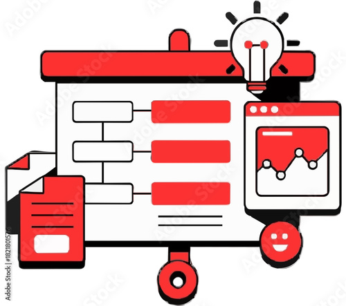 Innovative business strategy development with detailed data analysis, document insights, presentation planning, and creative idea generation. isolated on transparent background, Vector, illustration.