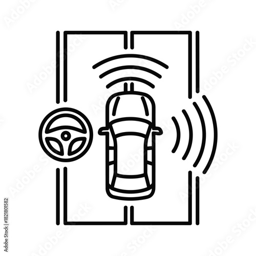 Car with sensor signal and steering wheel icon for autonomous driving